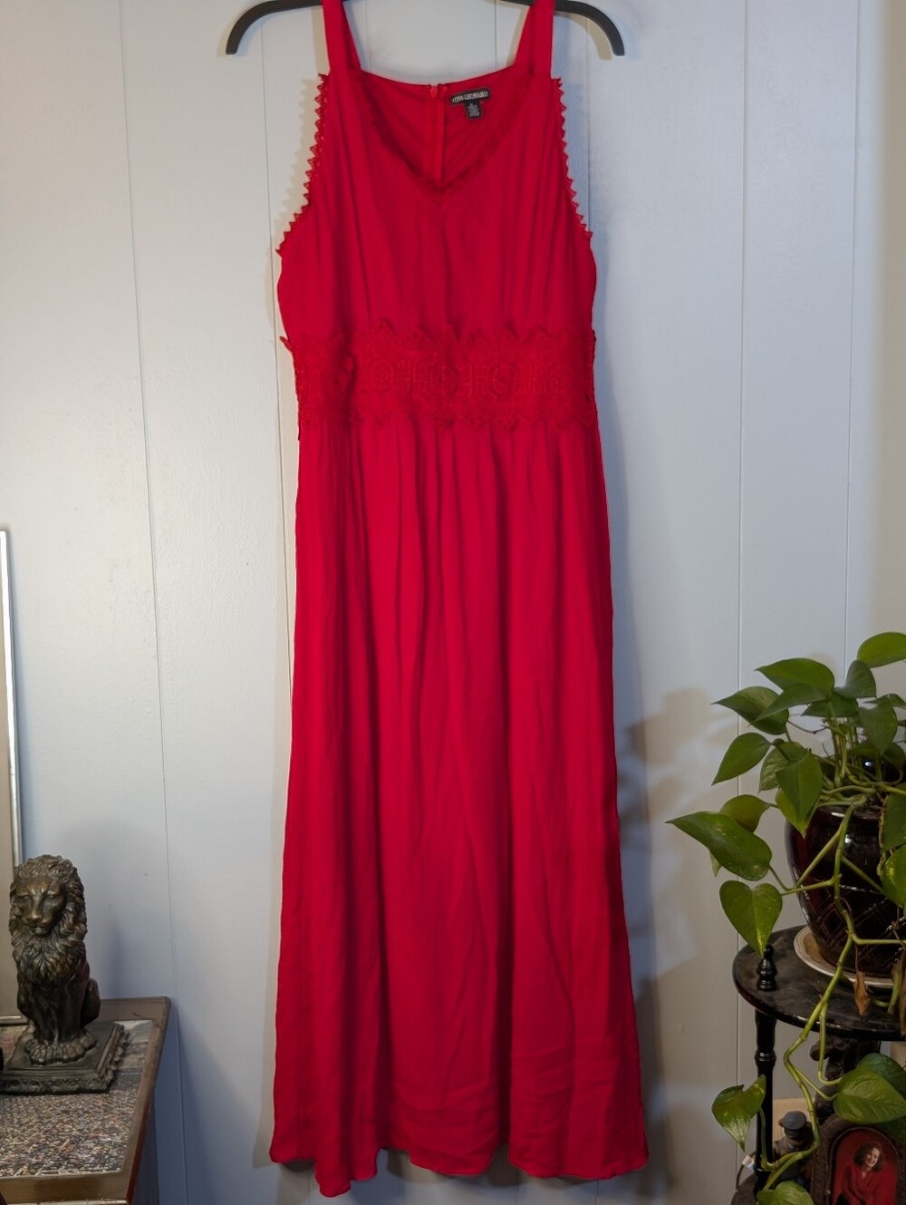 Nina Leonard Red Lace-Waist Maxi Dress